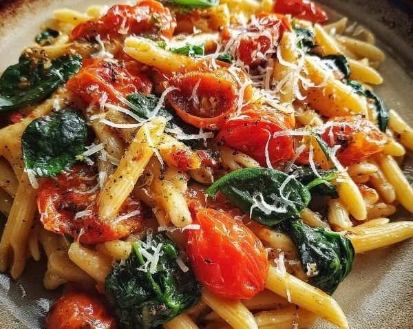 Delicious Spinach Tomato Pasta served in a bowl with fresh basil garnish.