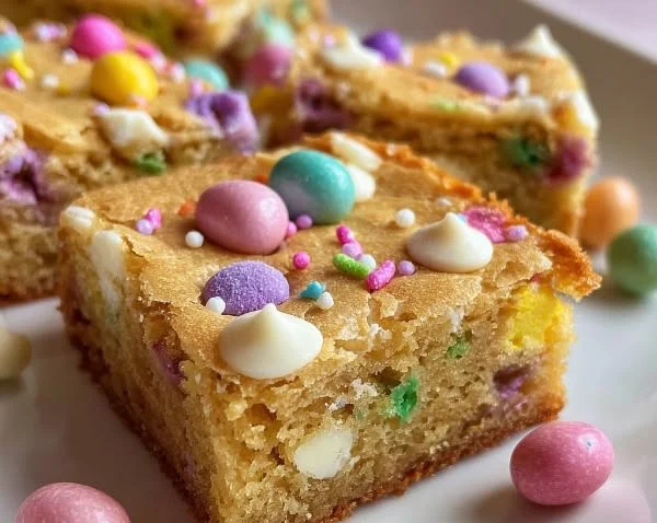 Spring Funfetti Blondies with colorful sprinkles and a delicious texture