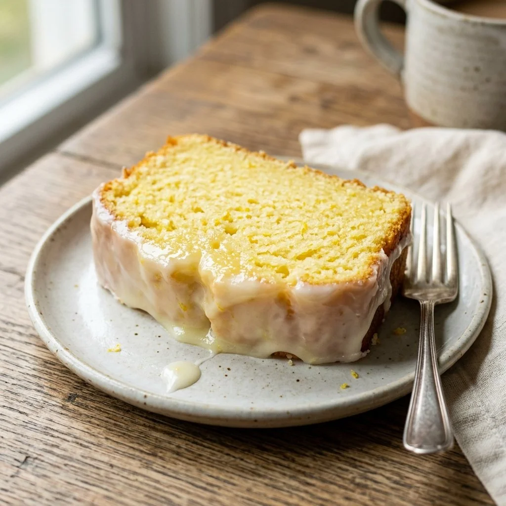 Starbucks Lemon Loaf slice with lemon glaze on a wooden table