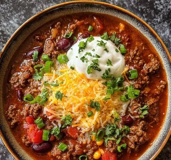 Delicious stovetop ground beef chili served in a bowl garnished with herbs.