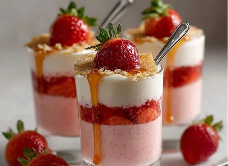 Strawberry cheesecake mousse dessert in a glass with fresh strawberries on top