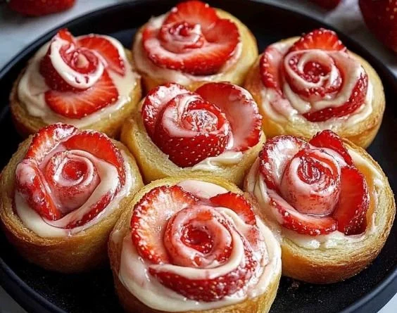 Delicious Strawberry Cheesecake Sweet Rolls topped with fresh strawberries