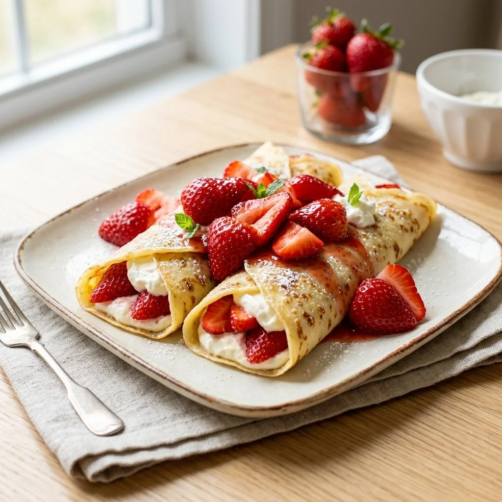 Delicious strawberry crepes topped with fresh strawberries and whipped cream.
