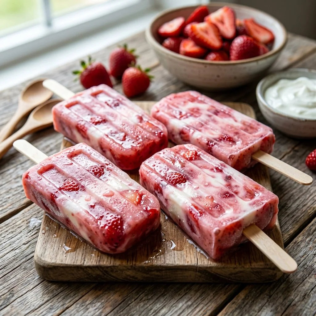 Homemade strawberry Greek yogurt popsicles in a colorful mold