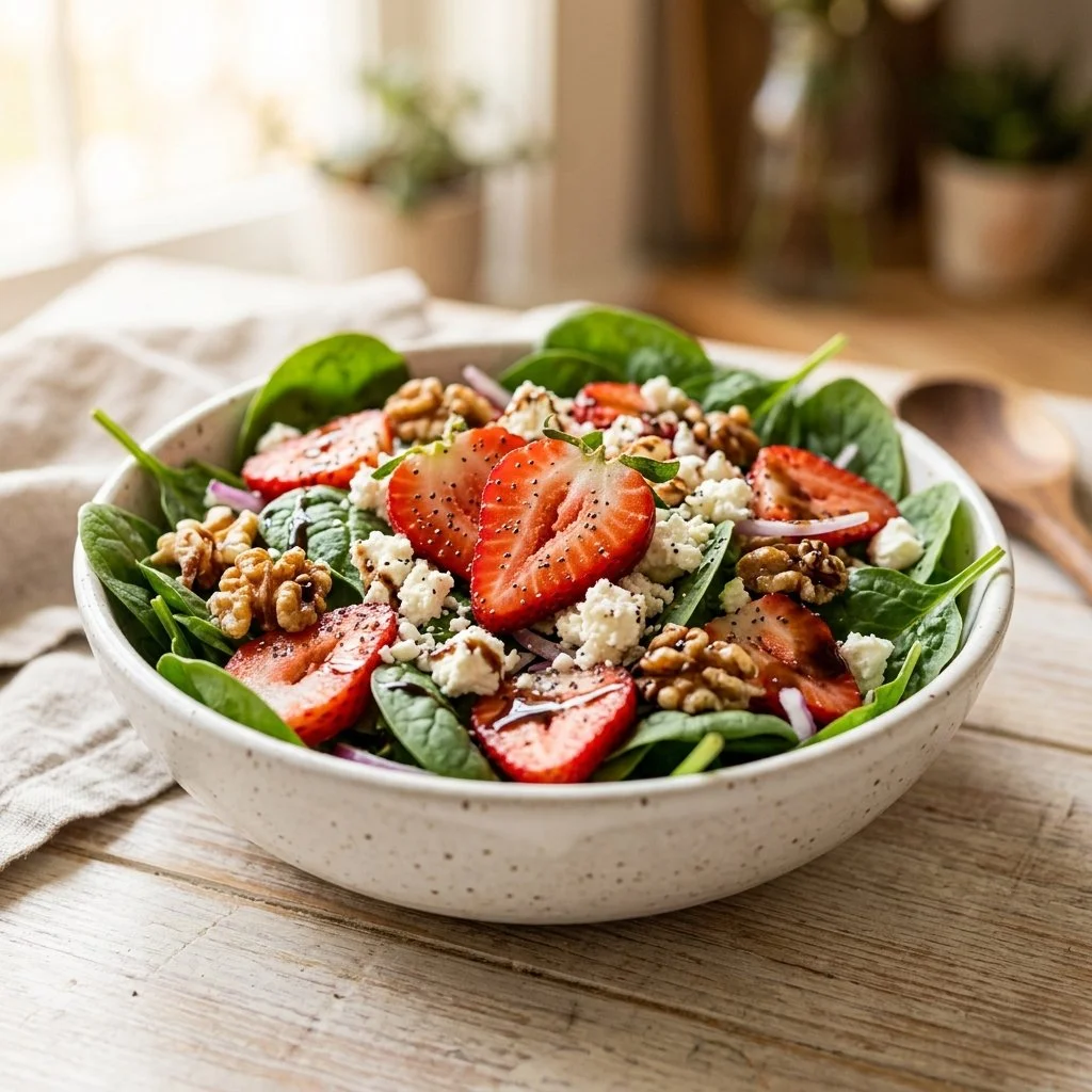 Delicious Strawberry Spinach Salad with strawberries, spinach, and a light dressing.