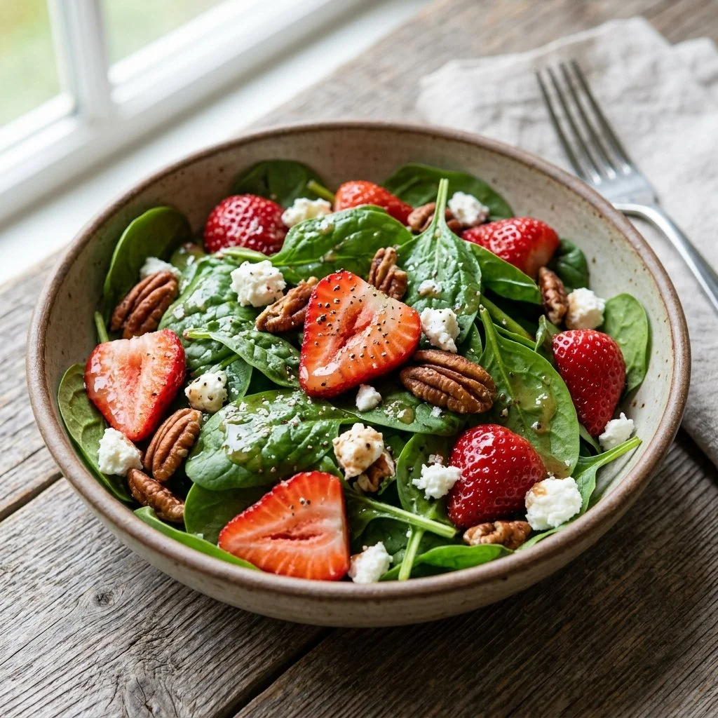 Colorful Strawberry Spinach Salad with nuts and dressing