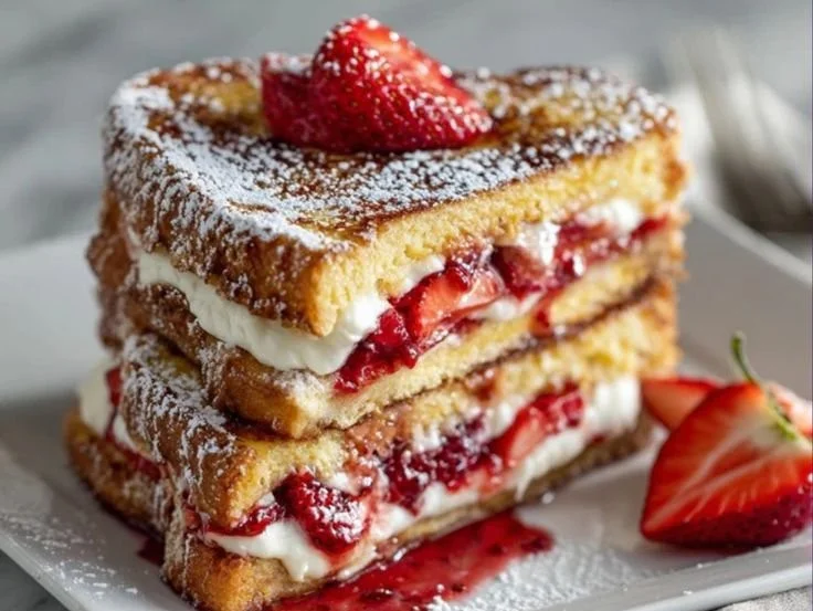 Plate of Strawberry Stuffed French Toast with fresh strawberries and whipped cream