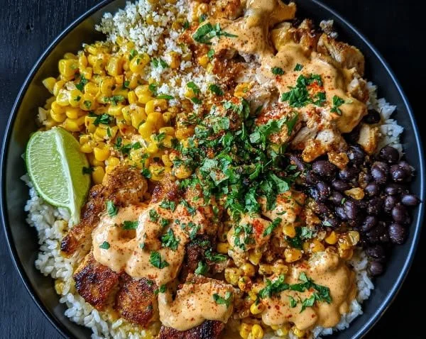 Delicious Street Corn Chicken Bowl topped with creamy sauce and fresh cilantro