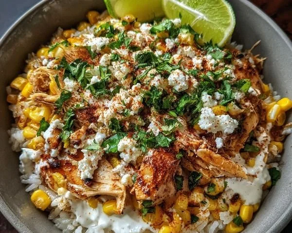 Delicious Street Corn Chicken Rice Bowl garnished with fresh cilantro and lime.