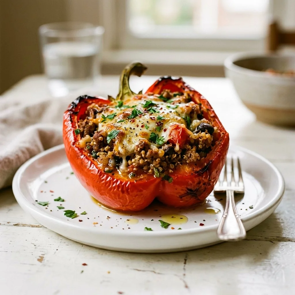 Deliciously baked stuffed bell peppers filled with rice, veggies, and cheese.