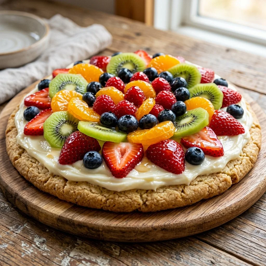 Sugar Cookie Fruit Pizza topped with colorful fresh fruit and creamy frosting