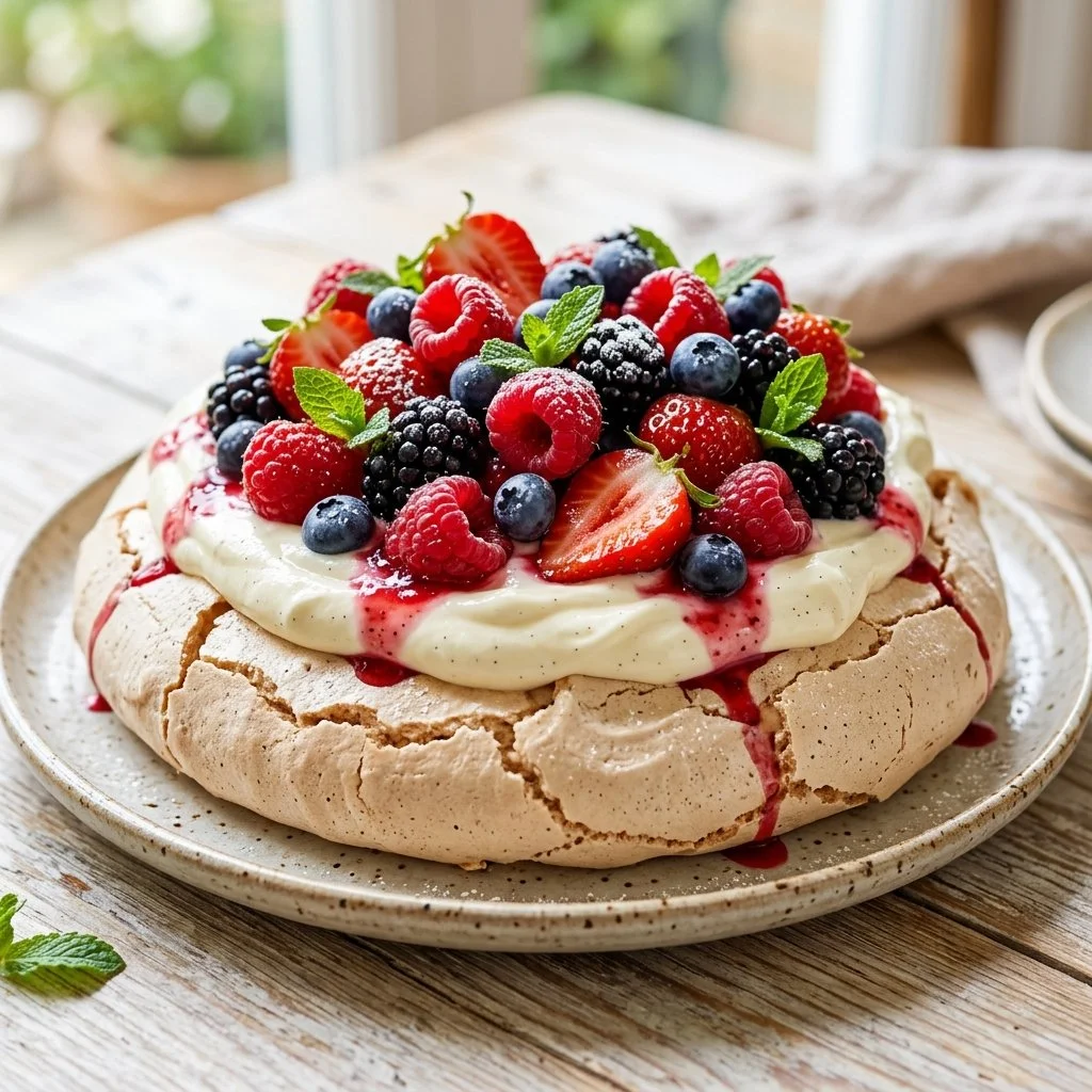 Delicious Summer Fruit Pavlova topped with mixed berries and cream