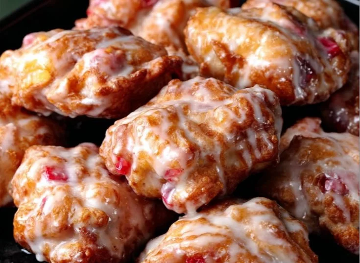 Plate of sweet and tangy rhubarb fritters with powdered sugar