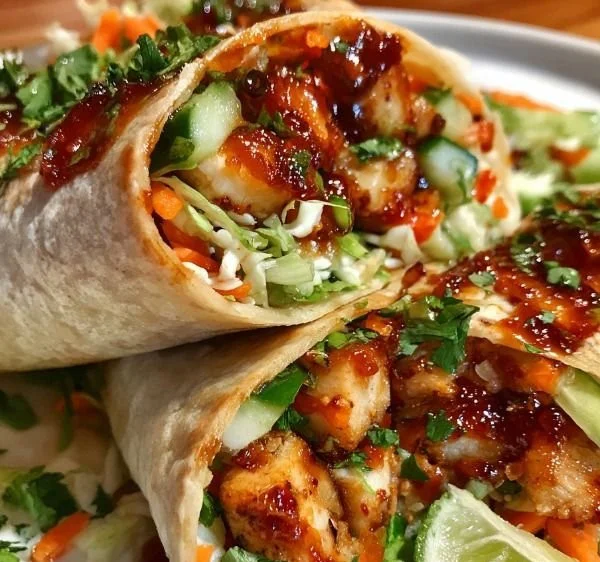 Delicious sweet chili chicken wraps served on a plate with fresh vegetables