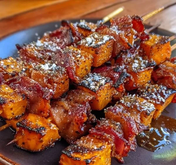 Sweet potato and bacon candied skewers ready to serve on a platter