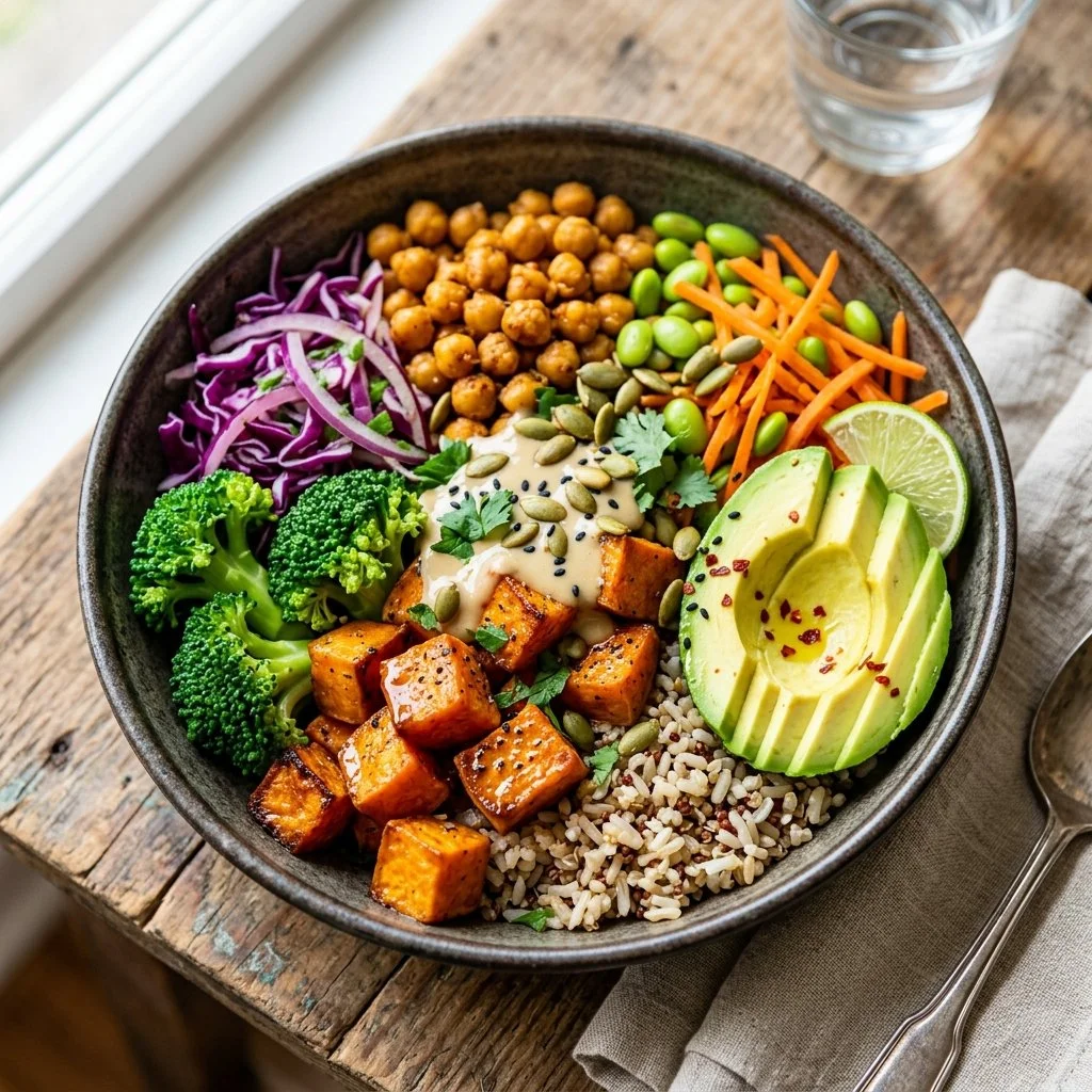 Colorful Sweet Potato Buddha Bowl with vegetables and grains for a nutritious meal