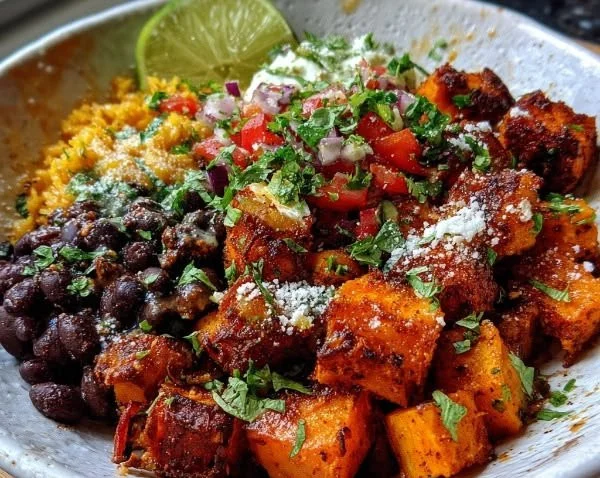 Delicious Sweet Potato Taco Bowl topped with fresh ingredients and spices