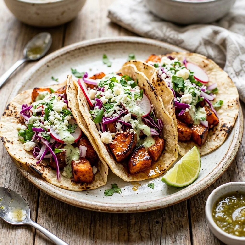 Delicious sweet potato tacos topped with fresh ingredients