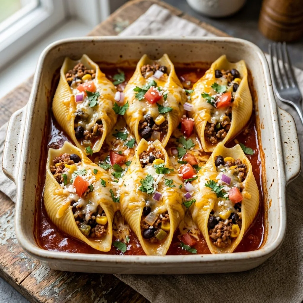 Taco stuffed shells filled with savory meat and melted cheese