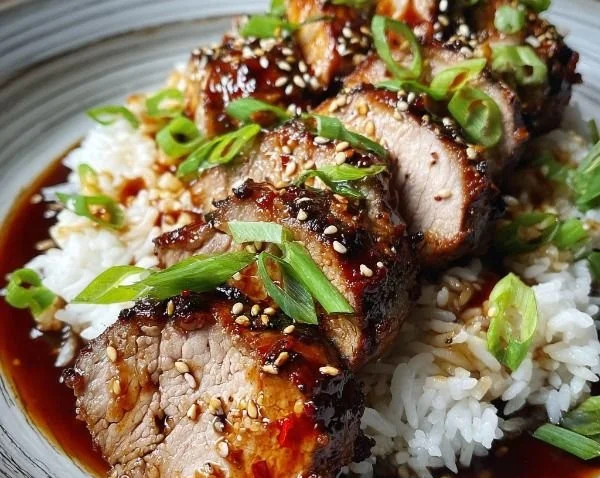 Delicious Asian Pork Tenderloin served with garnishes and sides.