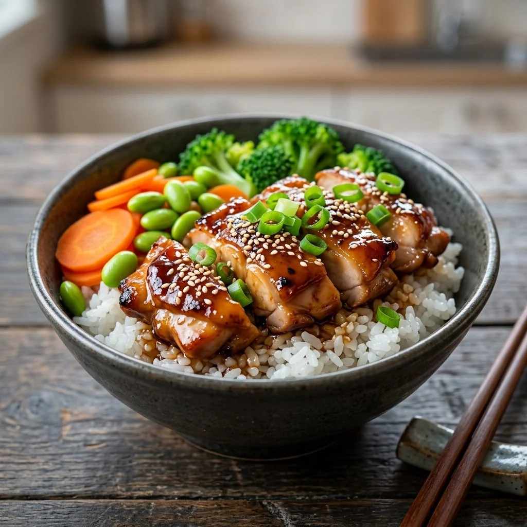 Delicious teriyaki chicken bowl with vibrant vegetables and rice