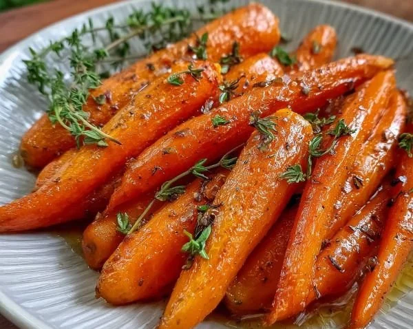 Delicious thyme-infused honey roasted carrots served on a plate