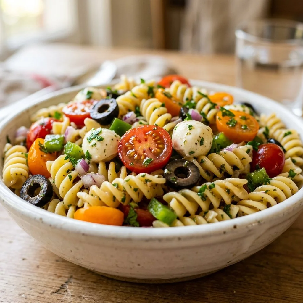 Bowl of colorful, fresh timeless pasta salad with vegetables and dressing