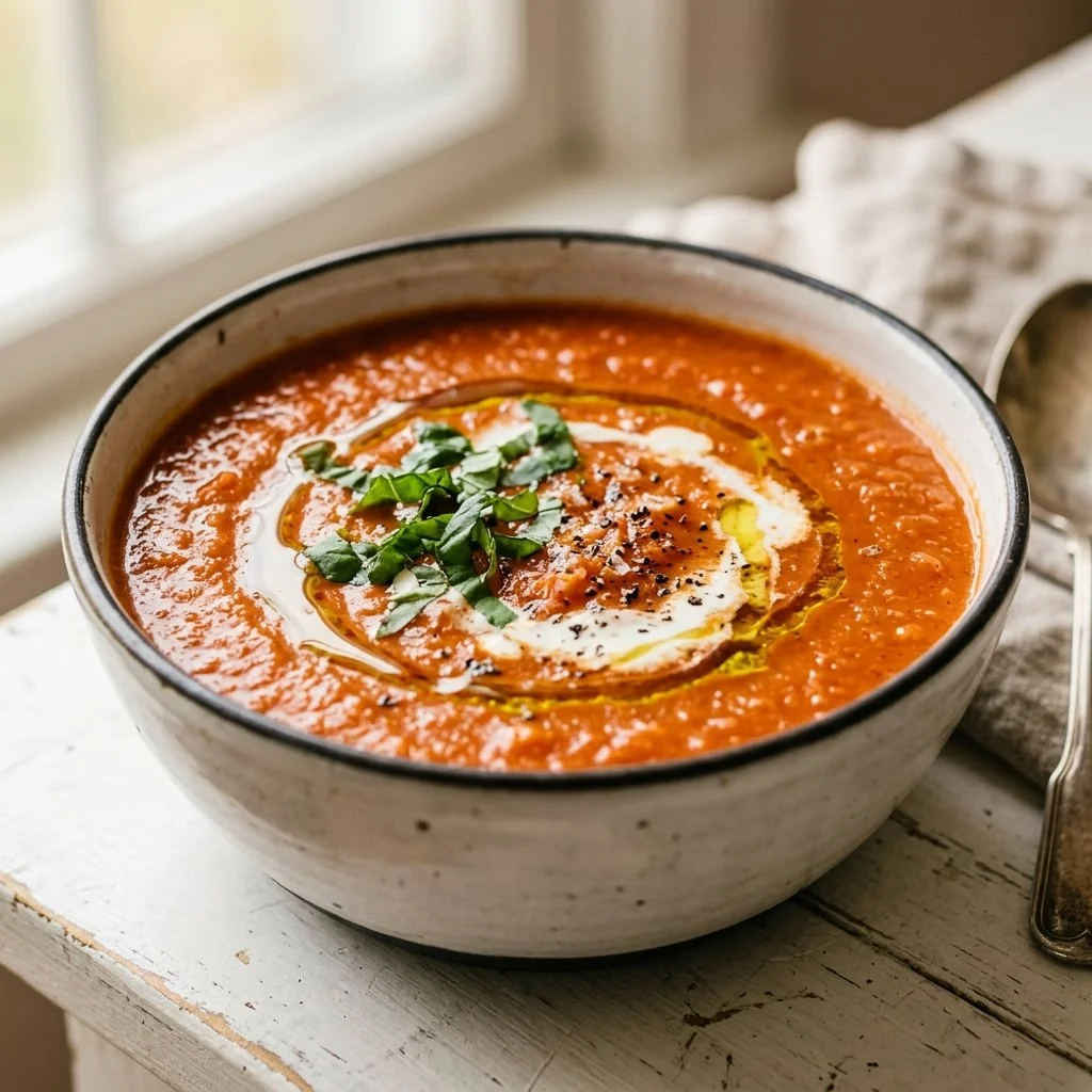 Delicious bowl of homemade Tomato Basil Soup garnished with fresh basil leaves.