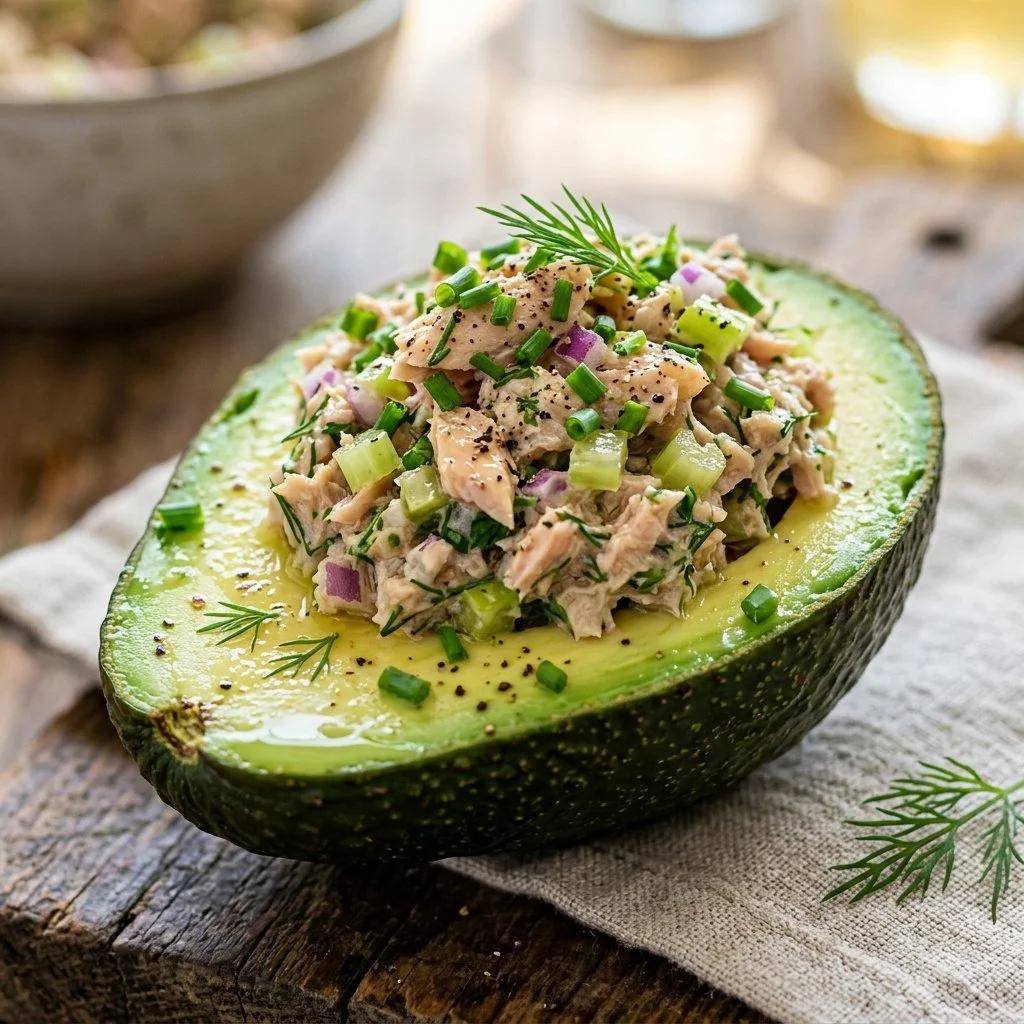 Tuna stuffed avocados filled with fresh ingredients, perfect for a healthy meal.