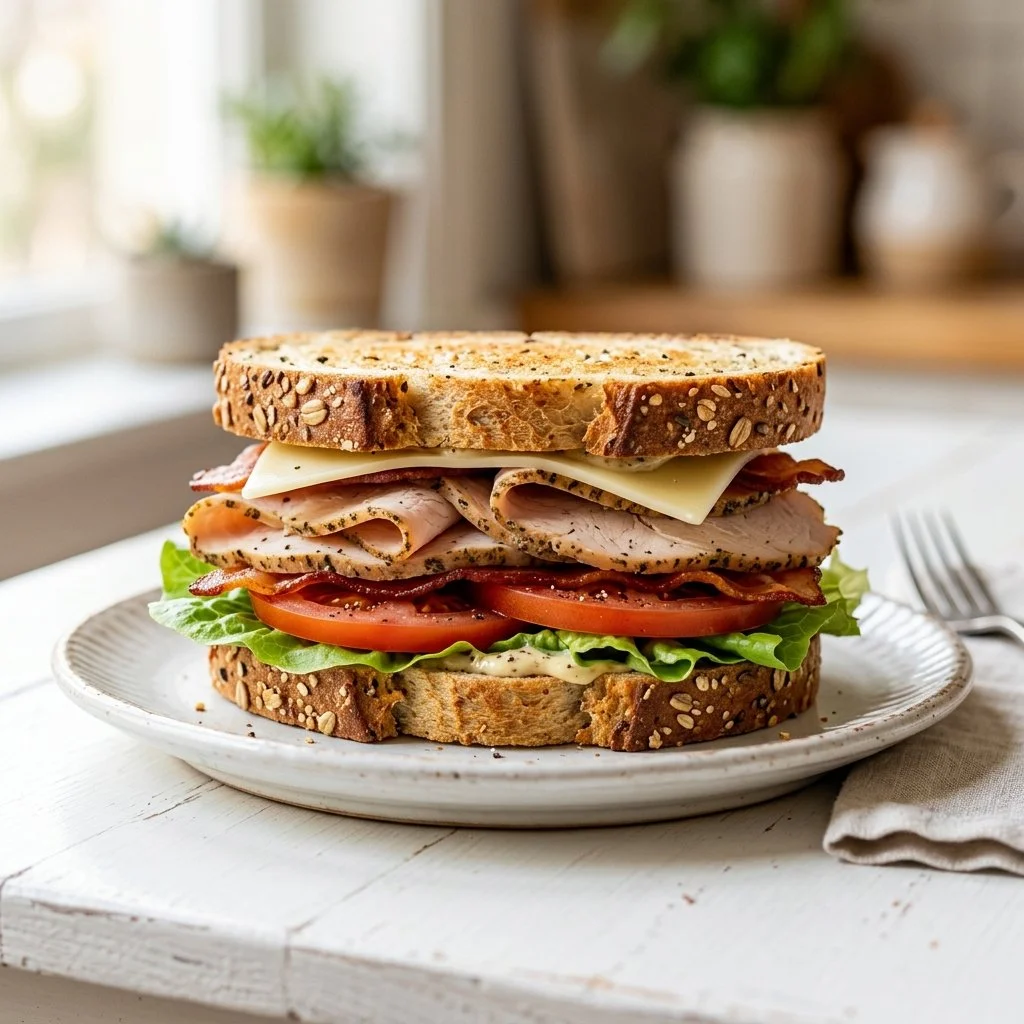 A mouthwatering turkey sandwich with fresh lettuce and tomatoes, served on whole grain bread