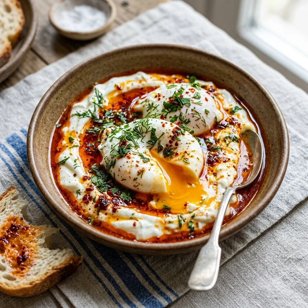 Turkish Eggs Cilbir served with yogurt, red pepper, and fresh herbs on a plate.