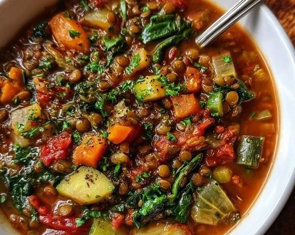 Bowl of Vegan Lentil Soup with Mediterranean Vegetables, garnished with fresh herbs.