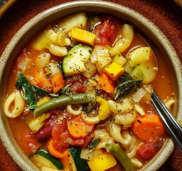 Bowl of hearty Vegetable Minestrone Soup with fresh vegetables and herbs