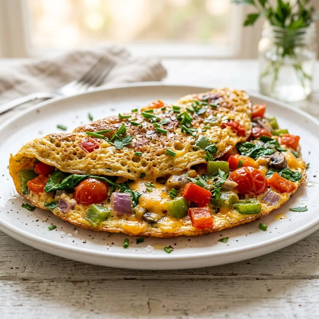 Delicious veggie omelette filled with fresh vegetables