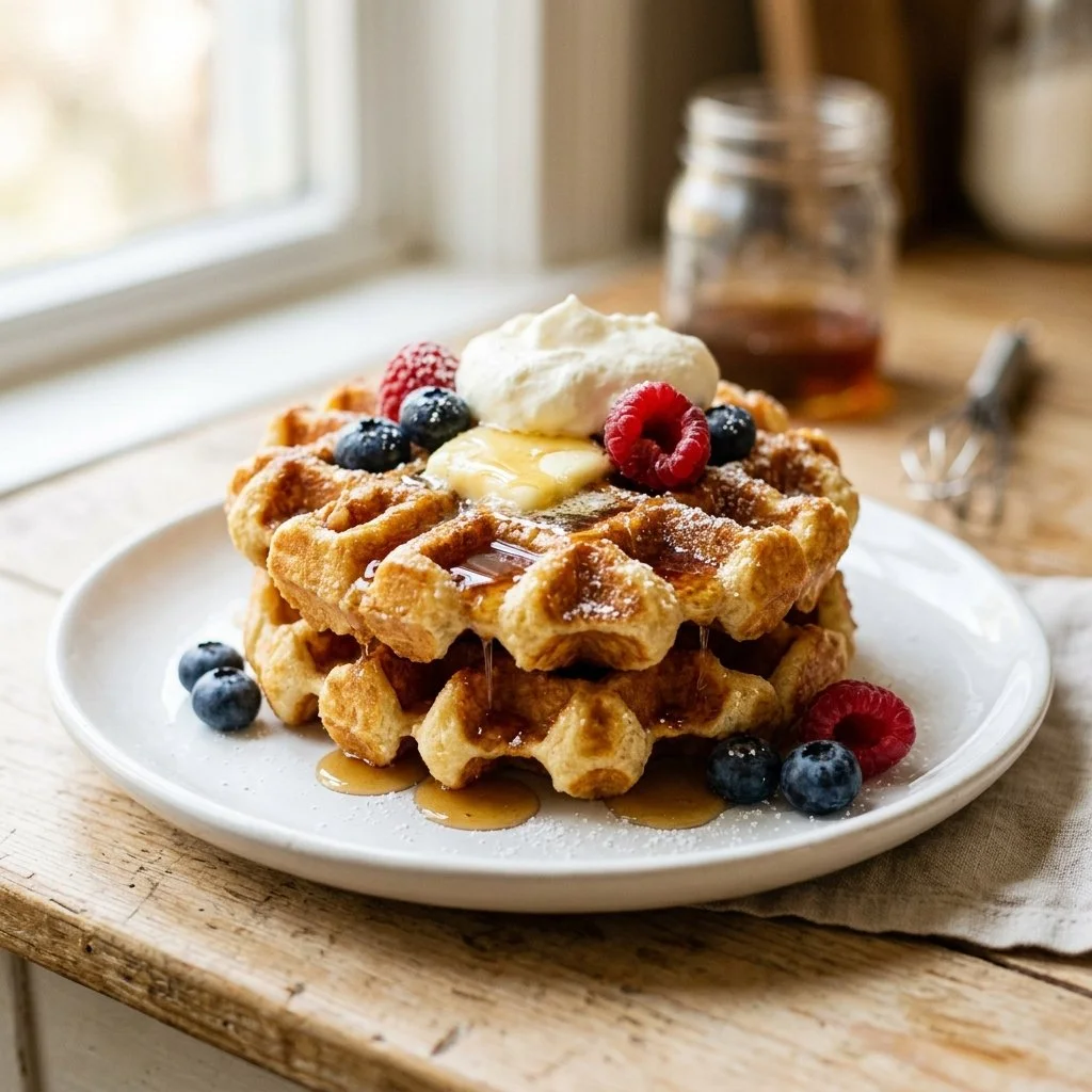 Delicious golden-brown waffles stacked on a plate with syrup and berries