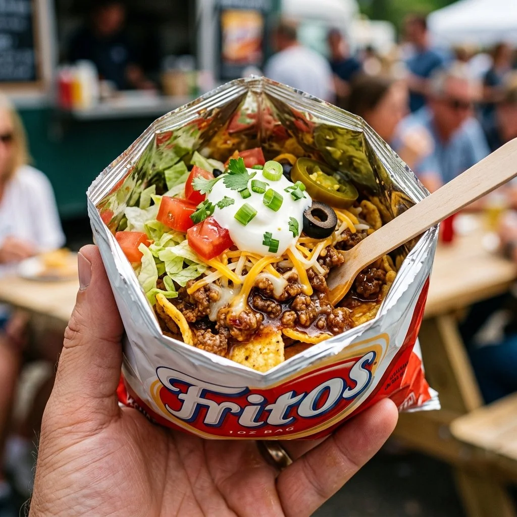 Walking Tacos served in a bag with toppings for a delicious outdoor meal.