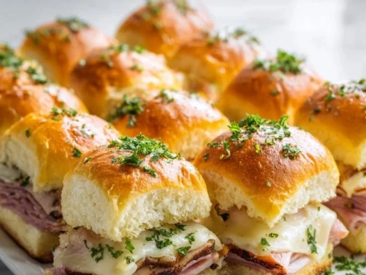 Warm ham and cheese sliders served on a platter.