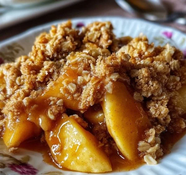 Delicious warm spiced apple crisp topped with oats and cinnamon, served in a bowl.