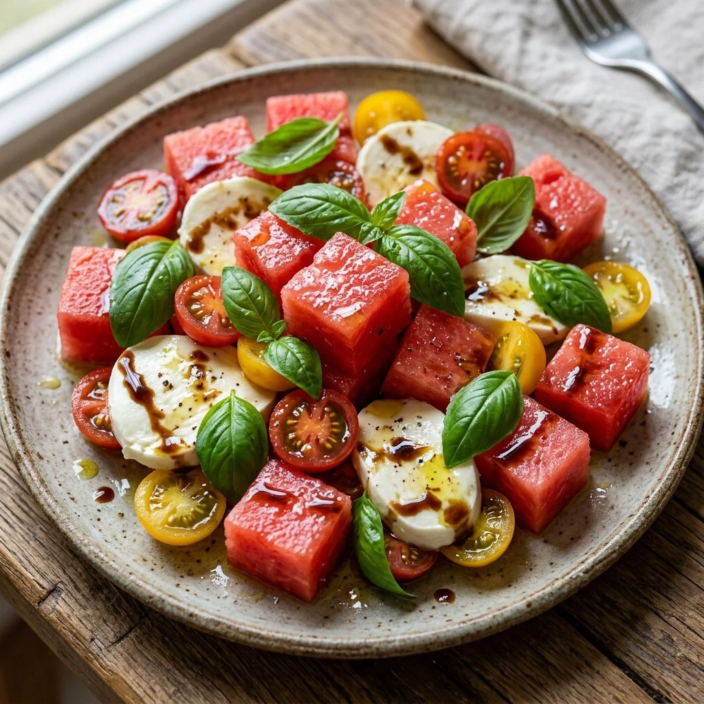 Delicious Watermelon Caprese Salad with fresh mozzarella and basil
