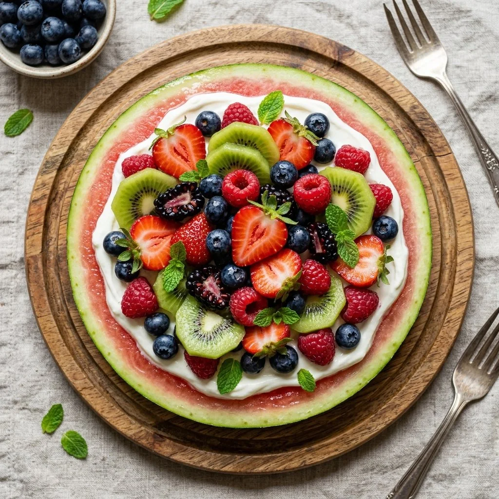 Delicious Watermelon Fruit Pizza topped with fresh fruits and yogurt