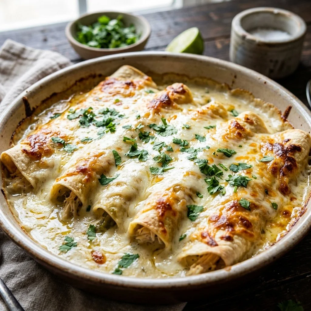 Delicious plate of white chicken enchiladas topped with creamy sauce