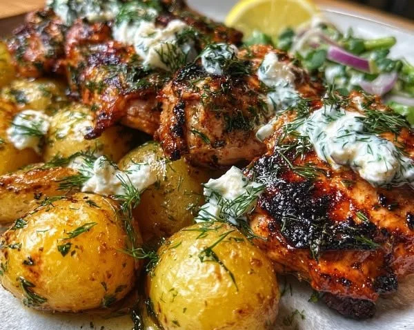 Yogurt-marinated chicken served with dill and feta cream sauce