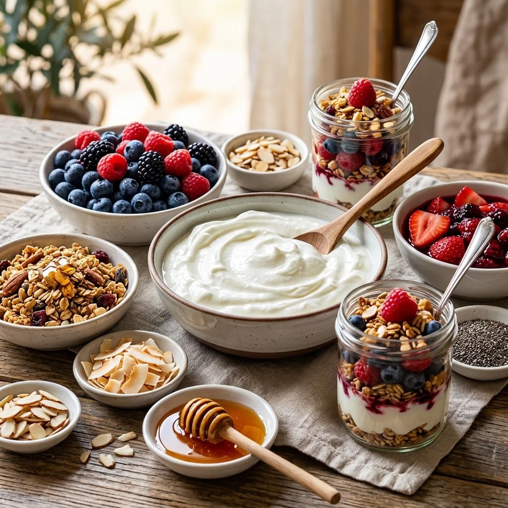 Yogurt parfait bar with assorted toppings and fresh fruits