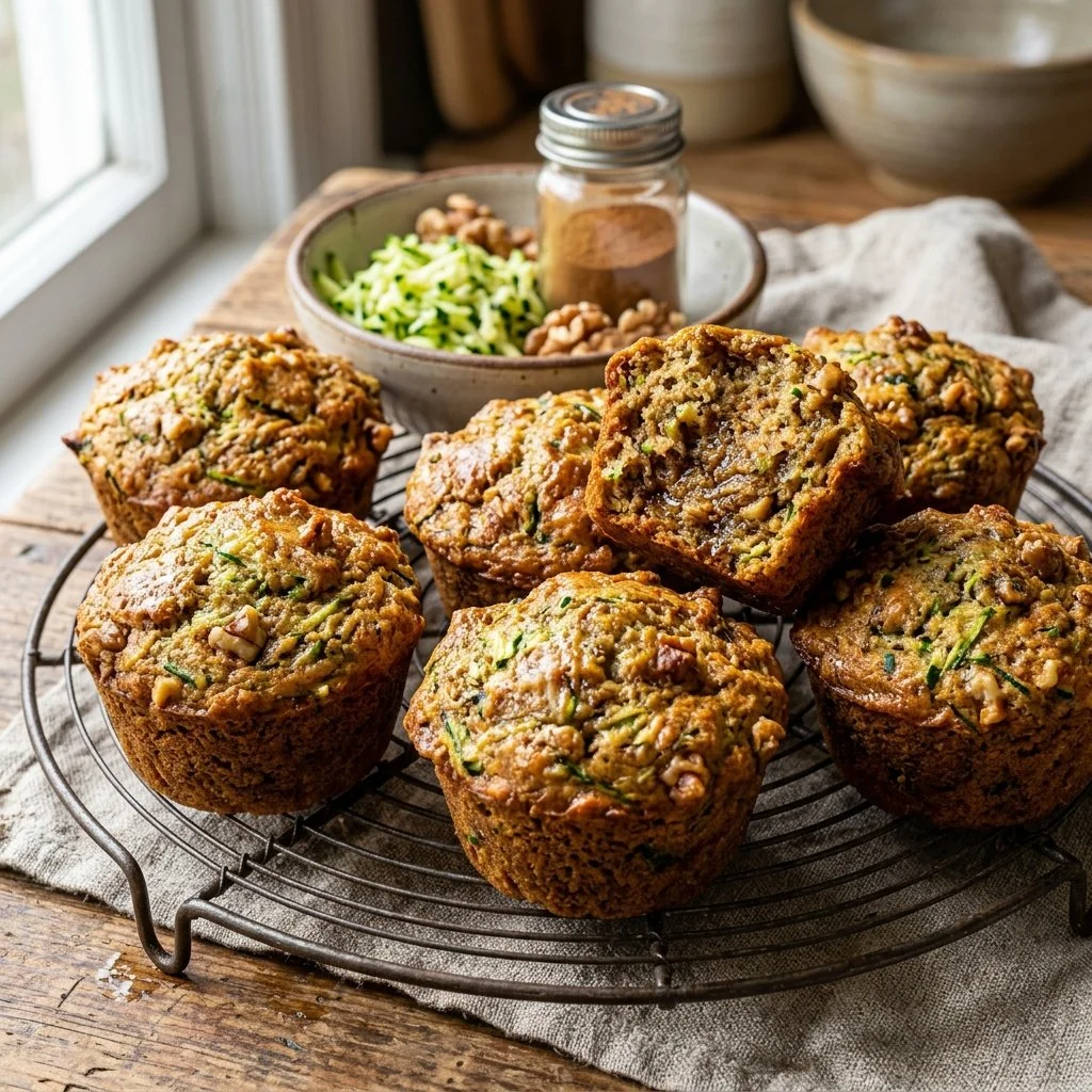 Delicious homemade zucchini bread muffins displayed on a rustic wooden table