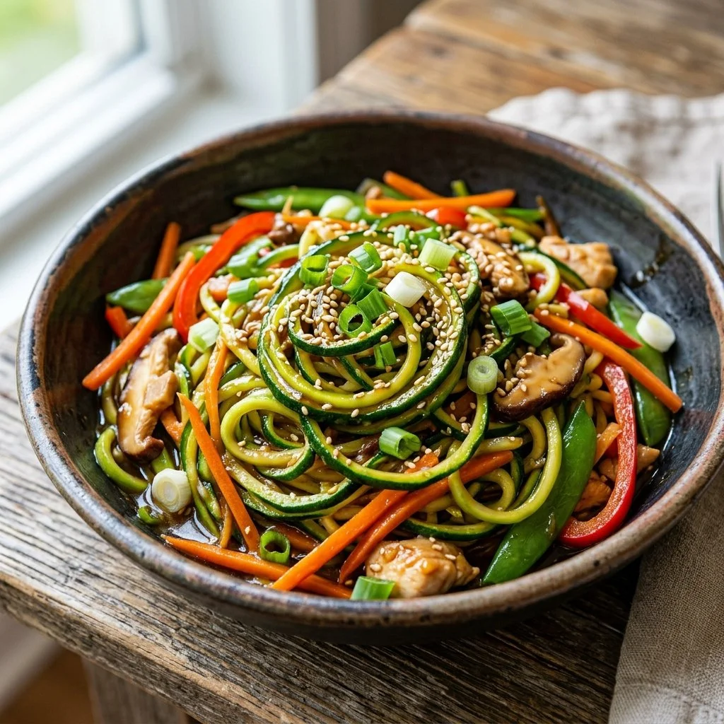 A vibrant zucchini noodle stir fry with colorful vegetables and sauce
