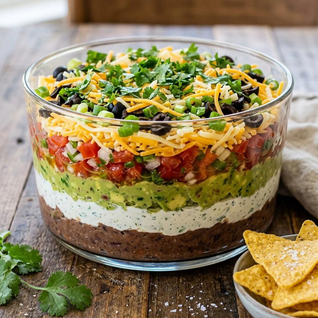 Delicious and colorful 7 layer dip served in a bowl with tortilla chips