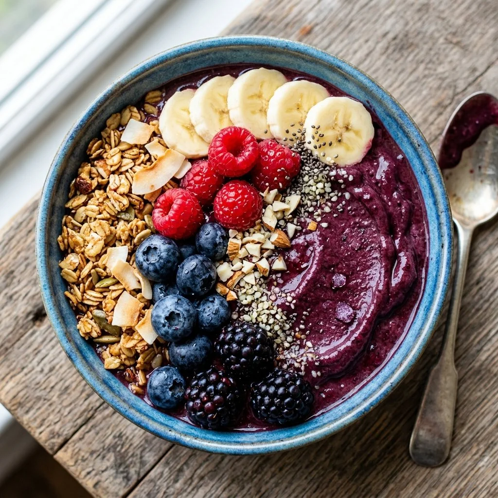 A colorful acai bowl topped with fruits, granola, and seeds for a nutritious meal.