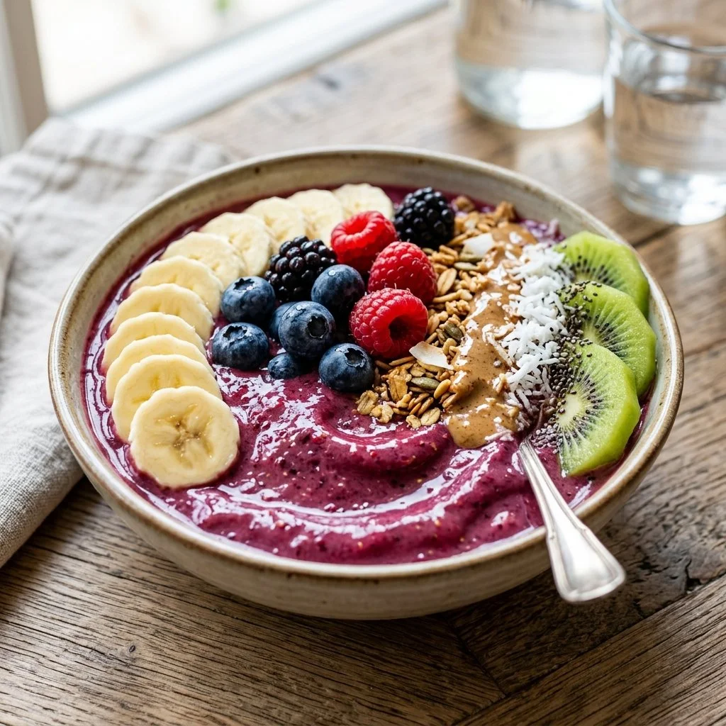 Healthy and colorful acai bowl topped with fruits and granola