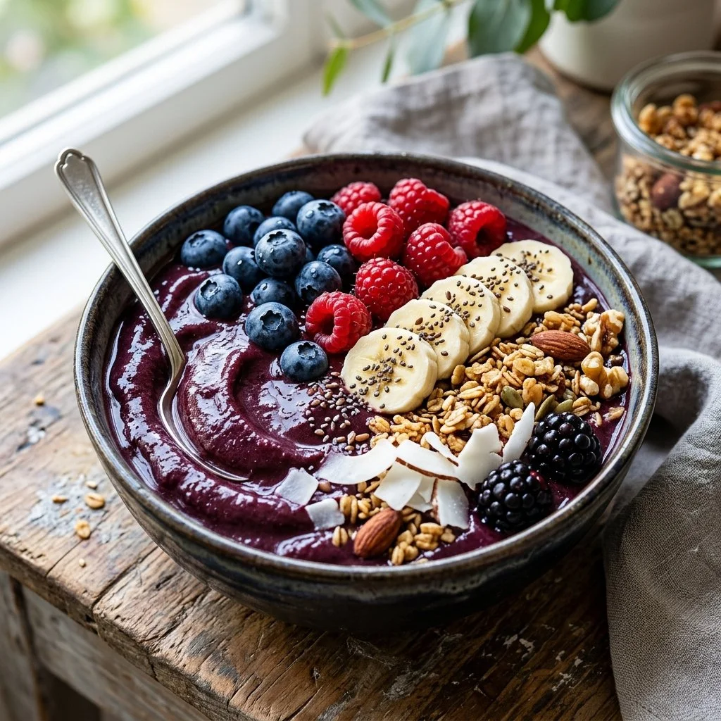 Delicious Acai Smoothie Bowl topped with fresh fruits and granola