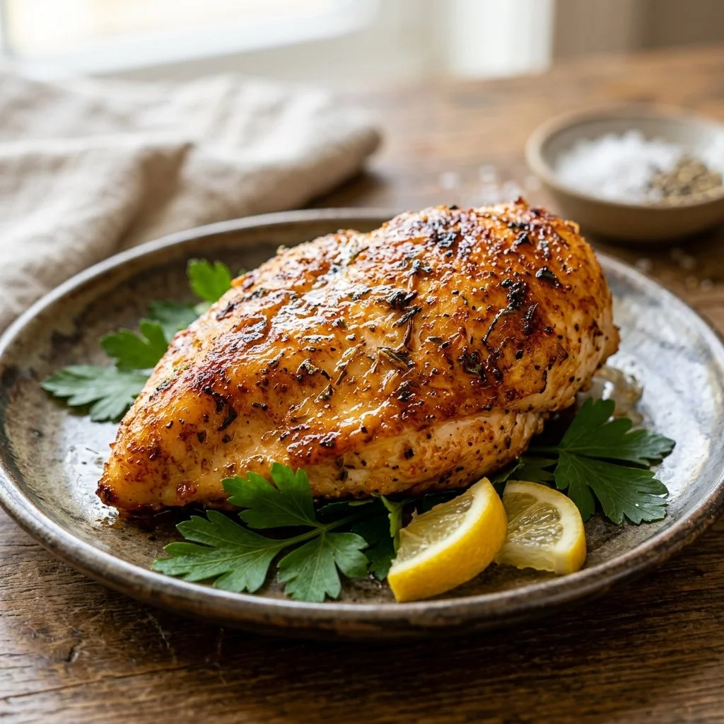 Delicious air fryer chicken breast garnished with herbs and spices